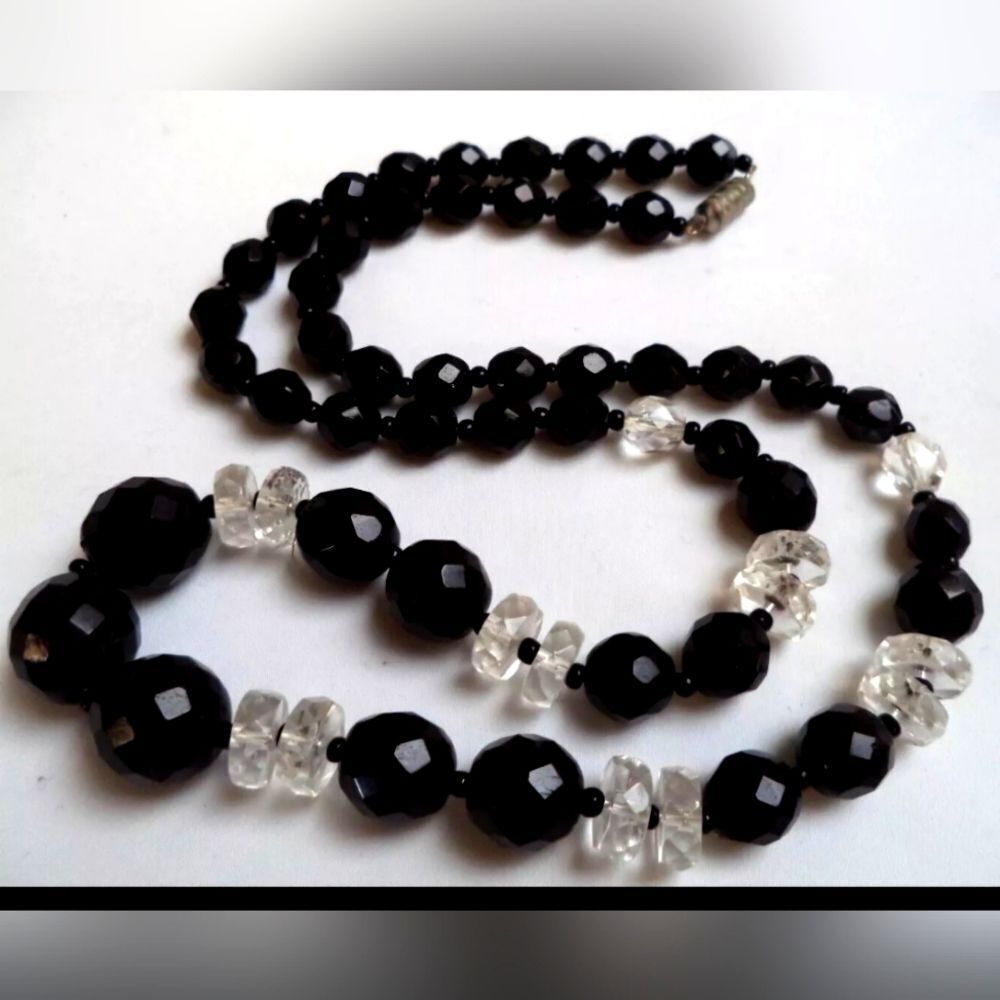 VINTAGE HIGH END ART DECO ERA FACETED BLACK CRYSTAL BEADS NECKLACE 24"